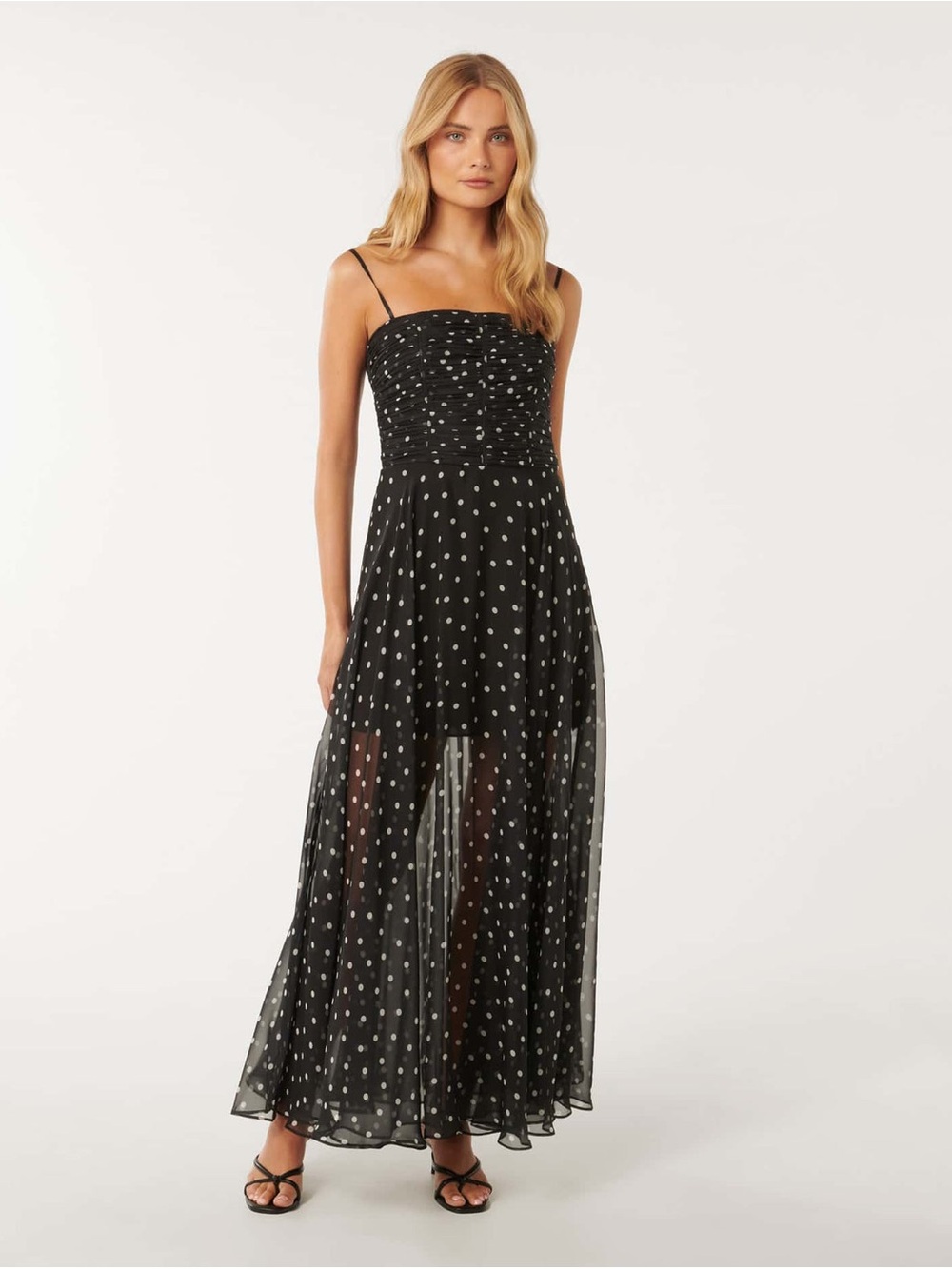 Ever New Melbourne Brandy Black White Polka Dot Sheer Skirt Maxi Dress 0